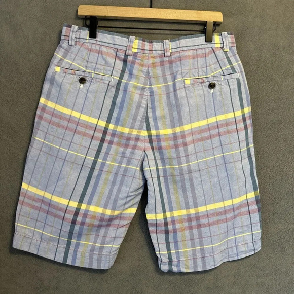 Brooks Brothers Bermuda Shorts Baird McNutt Irish Linen Blend Size 33 Blue Plaid - Picture 2 of 8